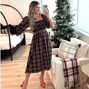 Aura Plaid Square Neck 3/4 Bell Sleeve Midi Dress - small